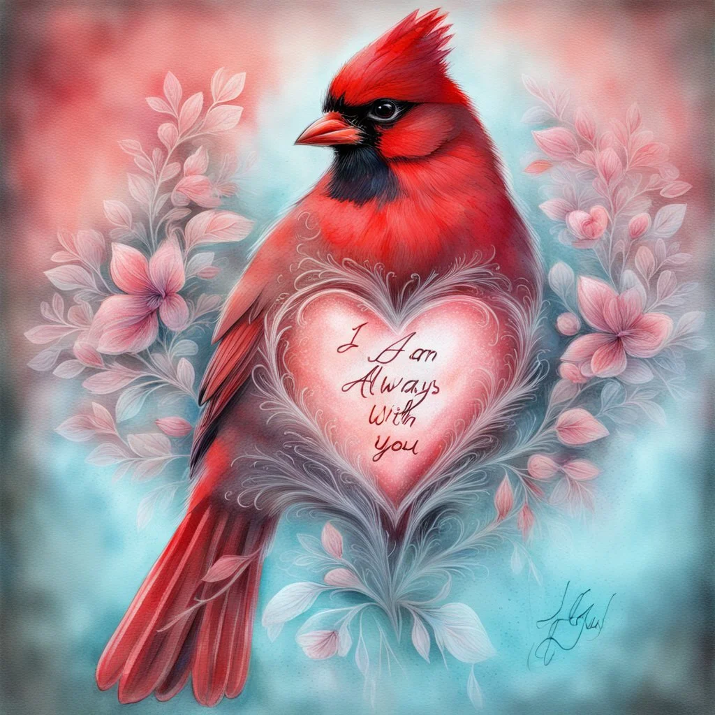 a vibrant digital chalk sketch painting featuring a double exposure image of a beautiful majestic red cardinal, ultra-detailed, within the body of the cardinal is a heart with the words "I AM ALWAYS WITH YOU" in a beautiful script