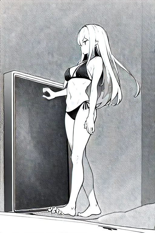 bikini long hair thin girl with leg in abyss pool, greyscale, cool pose, screen tones