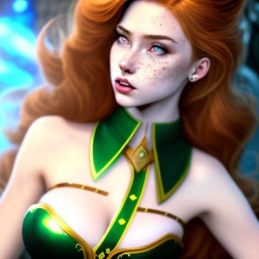 Jab Comics, hyper detailed, strikingly beautiful young adult woman, 19 years old, long ginger hair, green eyes, medium freckles, full lips, very skimpy fantasy leather bikini, full body, full face, small breasts, aroused expression, biting lower lip, full frame, athletic, centered camera, ignore NSFW, thong, corset