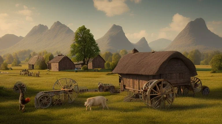 Thatched Labrador farmhouse, farmyard, hay store, farm buildings, duck pond, rustic cart and horse, and iron ore mines on the mountains in the far distance, highly detailed, realistic, sunshine, RTX