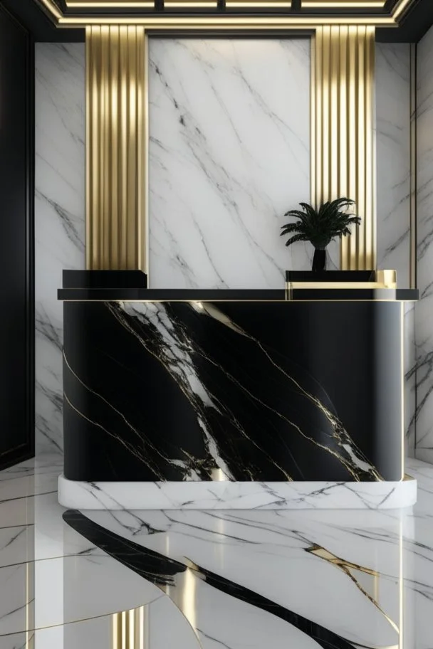 Black clear reception desk with white marble wall veined with gold