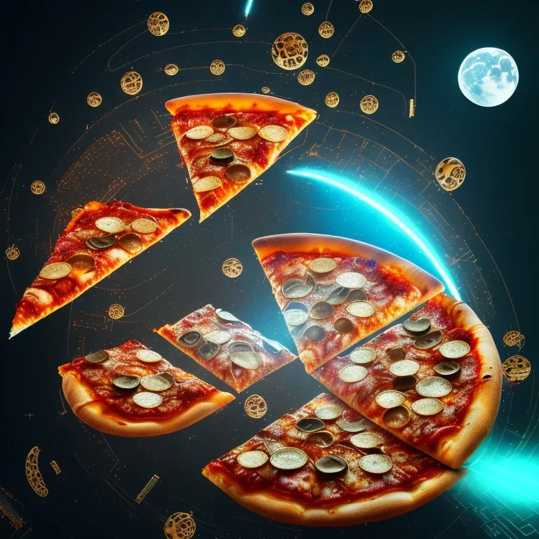 flying pizza, 8k, extremly detailled, cyberpunk art, night,moon shining gold,luxus, rain, antik,