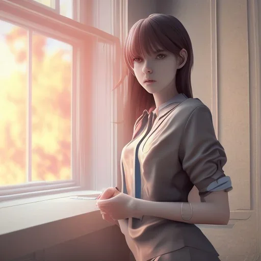 Anime, female student studying under window ,perfect face, cool face, ultra detail, unreal engine 5, cinema4d, sun light, studio lighting --ar 1:1 --v 4