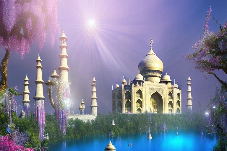 cascade,a magical crystal flower lys bougainvillier, blue gold taj mahal,blue lake,sun,white swanns,pink vertical, blue lake,sharp, vines, candlelit, endor, ornate, elegant, highly detailed, artstation, concept art, smooth, sharp focus, illustration, 8k, splash art, wallpaper, key visual