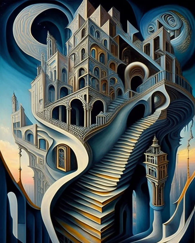 A captivating, surrealist painting of a gravity-defying, Escher-inspired building with multiple perspectives, impossible staircases, and fantastical elements that defy the laws of physics, set within a dream-like landscape.