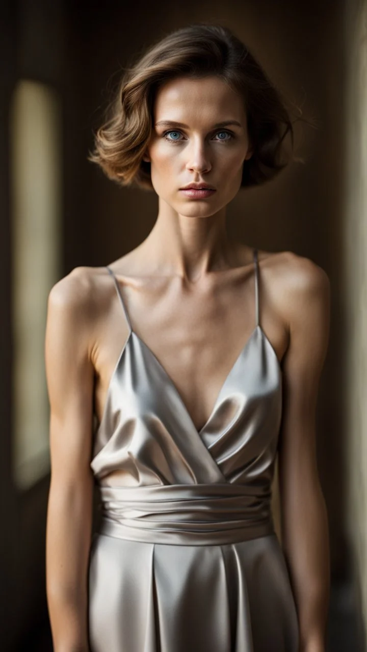 photography of a beautiful anorexic woman, silver satin top, sports illustrated, short wavy bob haircut, pronounced sternum