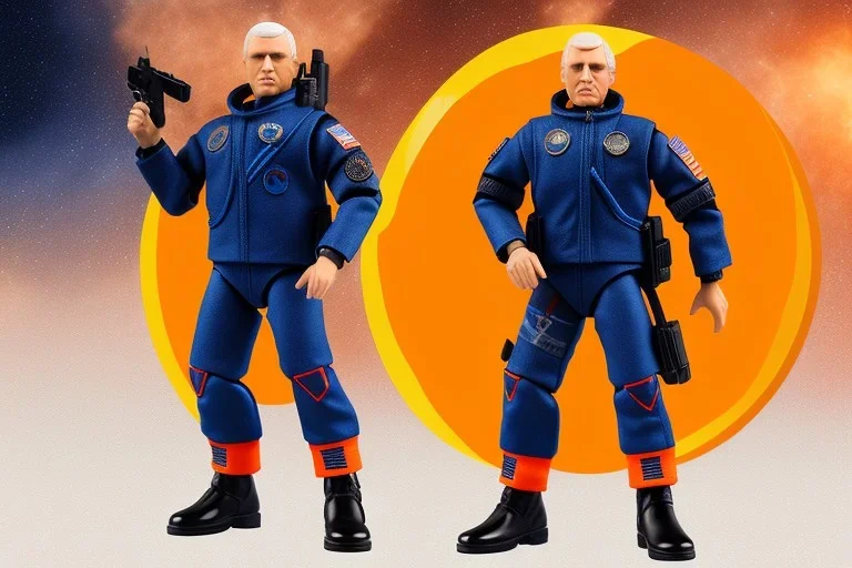 Mike Pence G.I. Joe toy figure With a pistol And jetpack space force Blue fabric uniform, fluorescent orange, black Moonboots