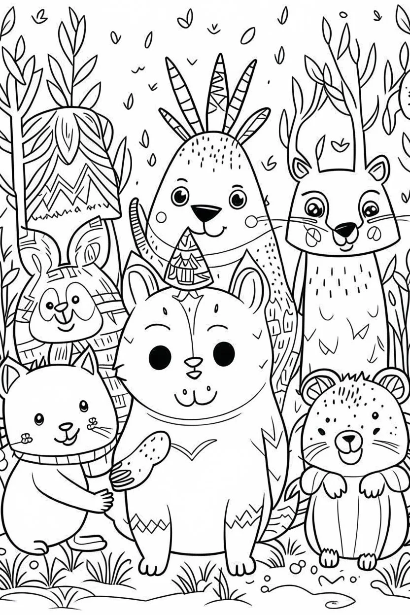 HAPPY NEW YEAR coloring page for kids, Animal friends sharing New Year wishes, thick outline, low details, no shading, no color