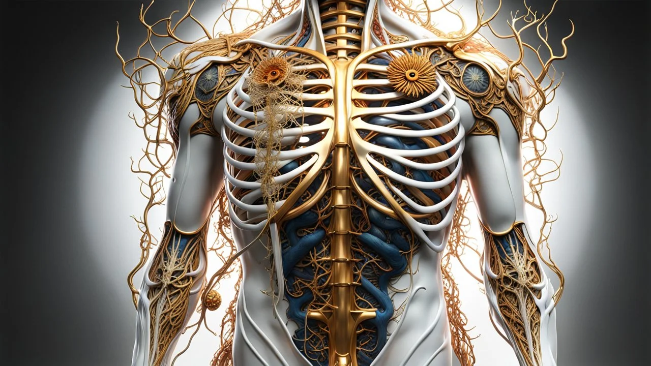 3D rendering of an impressively detailed and complex hyper-realistic "human anatomy": scientific, single object, glossy white, shiny gold, vines, tribalism, black background, shamanism, cosmic fractals, octane rendering, 8k post-processing, detailed metallic bones, dendritic, artstation: award-winning: professional portrait: atmospheric: commanding: fantastic: clarity: 16k: ultra quality: astounding: shine: stunning colors: stunning depth