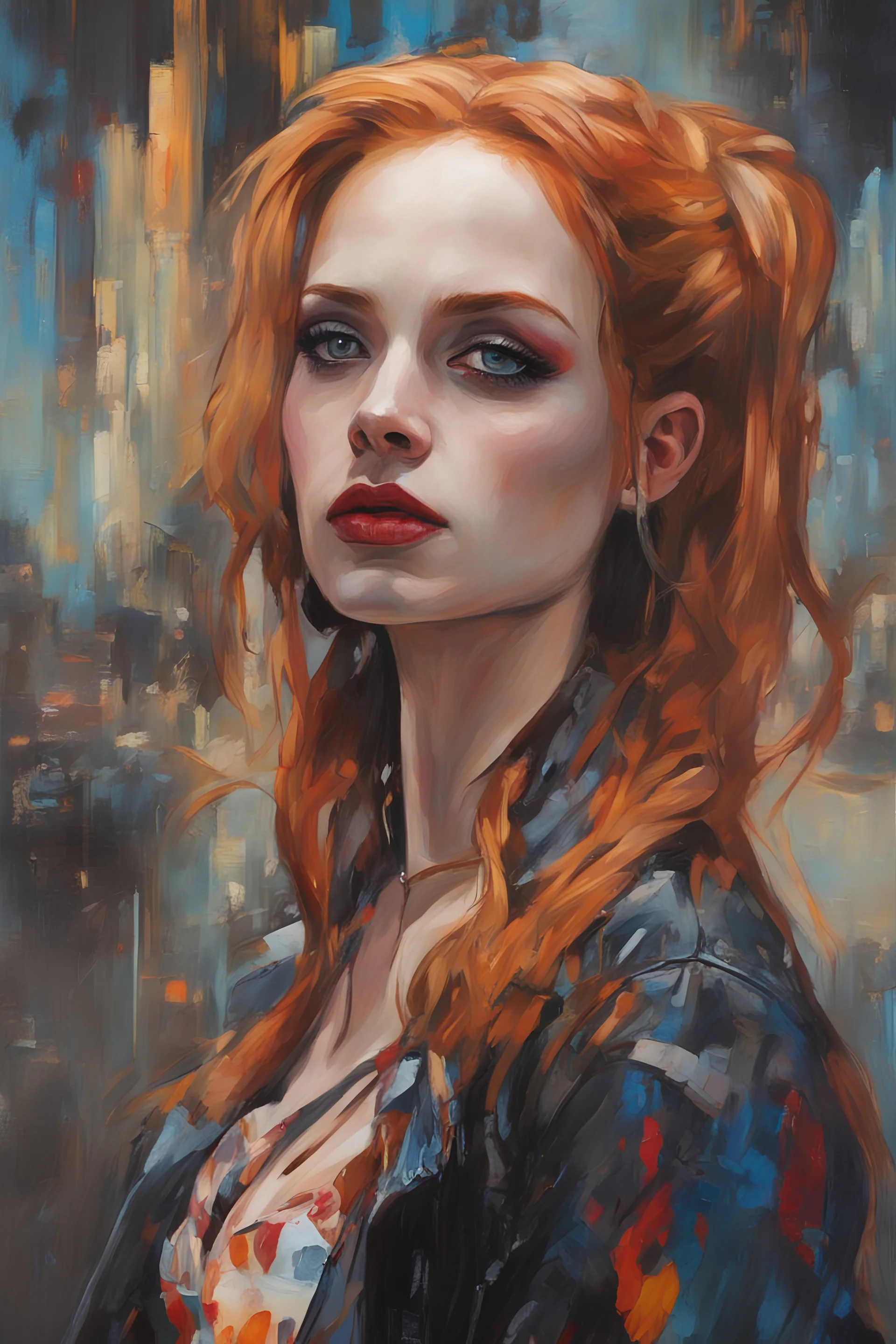 Harley Suicide Squad Pop Art psychology oil paiting In depth psychology display Gustav Klimt style artgerm style, Ginger hair Alexandra "Sasha" Aleksejevna Lussdream, symptom, image in the background in the city artgerm display Gustav Klimt style artgerm display in the Barcelona the 2024th century oil paiting. and the city itself seemed like a big illusion, full of light and shadows.