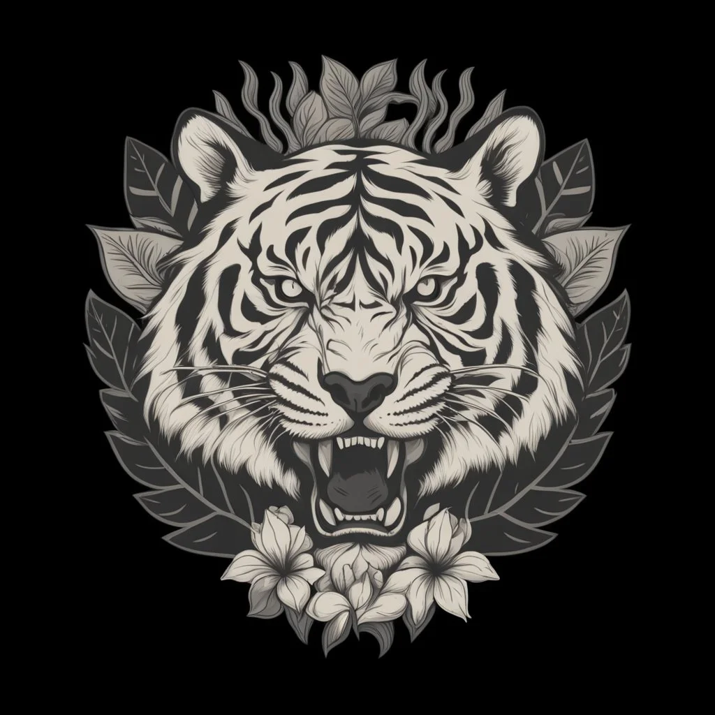 The picture is a black and white image of a tiger's head. The tiger has its mouth open and is showing its teeth. There are some leaves and a flower around the tiger's head. The image is on a white background.. Vintage T Shirt Design And Vector Illustration.Vector t shirt design on a white background