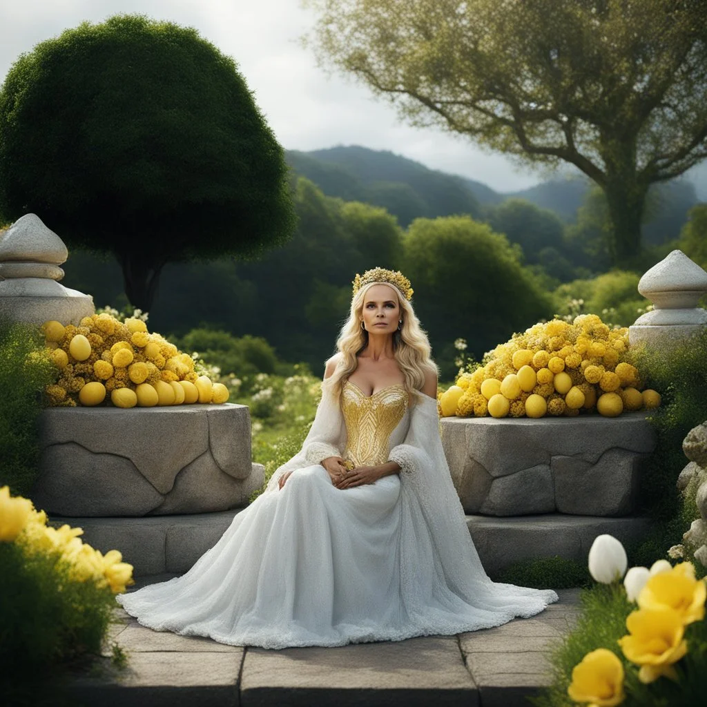 [high res photo by Neil Gaiman] Kristin Chenoweth as ostara in American gods (2017) the goddess of Easter peacefully sits on a stone in her garden, surrounded by gold flowers coming from Nicolas de Staël's dreams