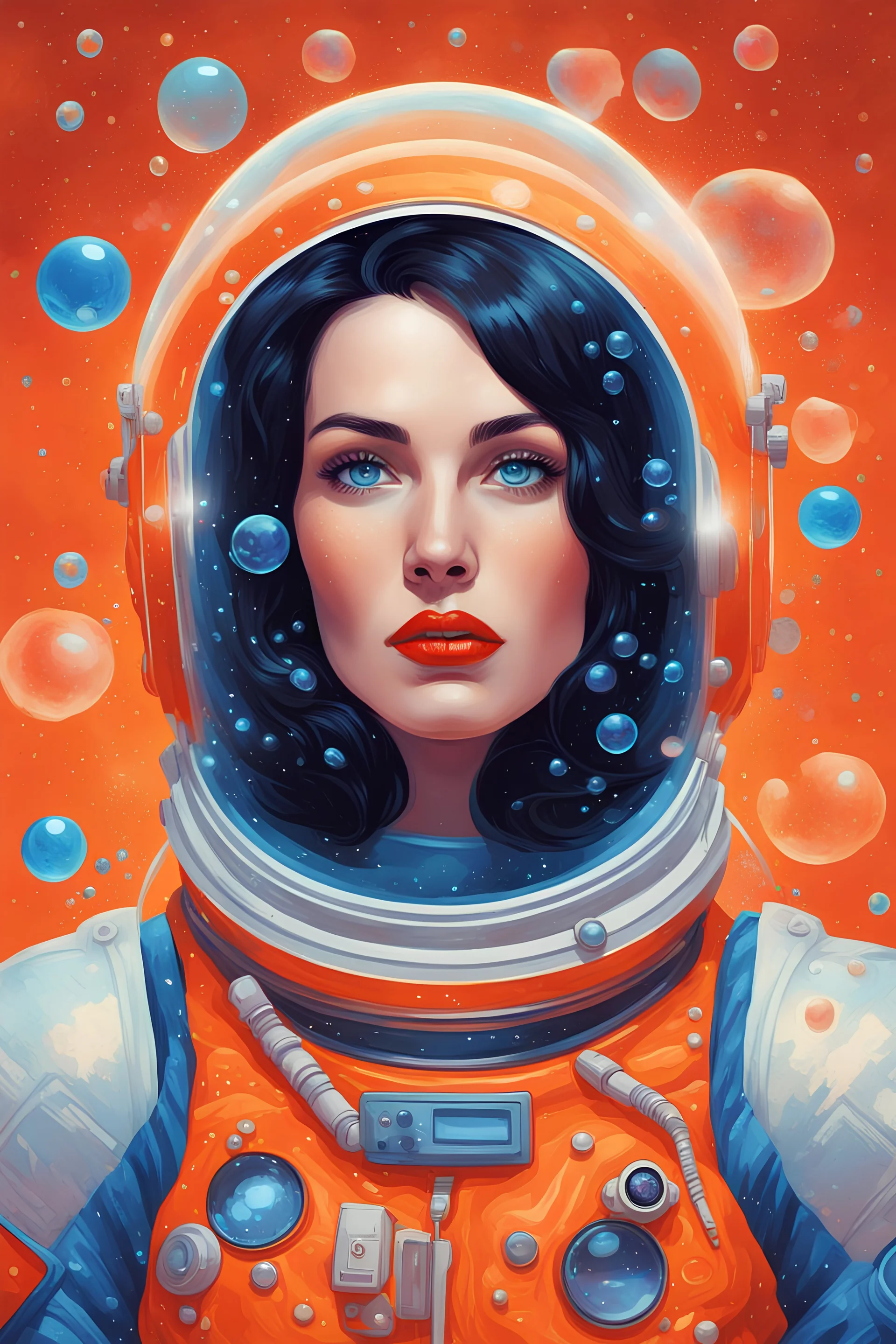 A retrofuturistic portrait of an astronaut woman with dark hair, wearing a space suit and surrounded by floating bubbles on an orange background. She has red lipstick and blue eyes, looking at the camera. The artwork is in a vintage style, reminiscent of classic science fiction illustrations from old books. It's in vibrant colors, with detailed attention to her costume and accessories in the style of classic science fiction illustrations. --ar 4:5 --v 6. 0