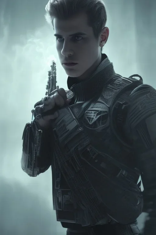 All Black Hayden Christensen soldier, ghost, wearing high tech mask, white smoke, dark, rage, sorrow, high definition, ultra 8 k, volumetric lighting, blue fire, fog