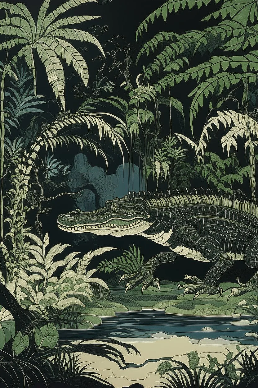 A black mysterious jungle with crocodiles painted by Katsushika Hokusai