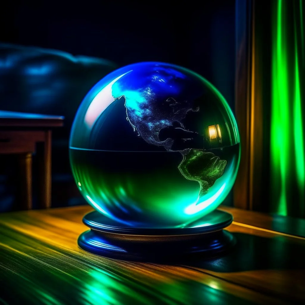 an earth globe looking like a crystal ball on a cushion in a dark room, dark green and blue colors, fantasy atmosphere, photo quality