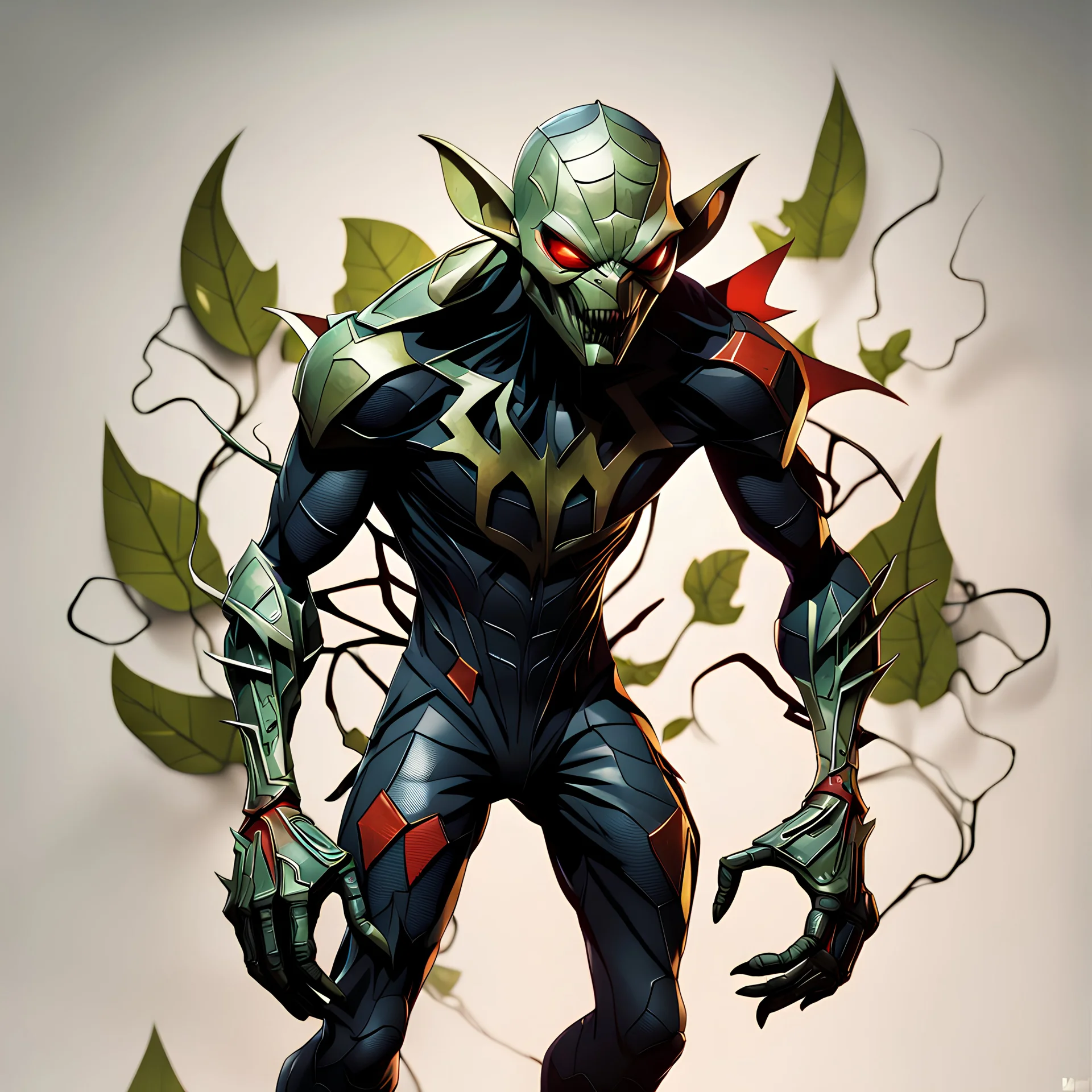 the goblin from spider man fuse venom, abstract, beautiful digital artwork, dren from splice, helghast, in the style of many detail metal ciberpank fucher leaf overlay, criterion collection, full body shot, light colored background, romantic illustration's, bamileke art ,3d art