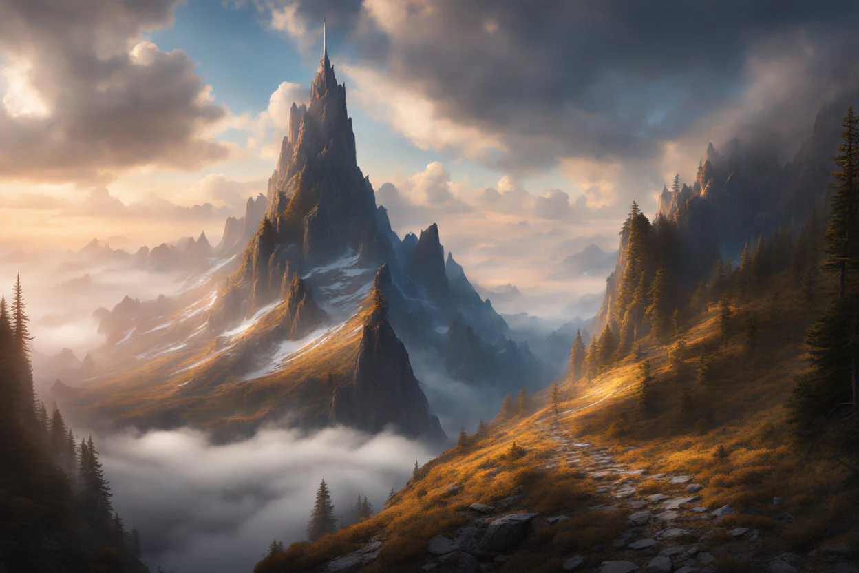 A massiv mountain with a needle thin tower on the top reaching the clouds. fantasy concept art, exquisite realism, a masterpiece, dynamic lighting, hyper detailed, intricately detailed, deep color, Unreal Engine, volumetric lighting , Epic cinematic brilliant stunning intricate meticulously detailed dramatic atmospheric maximal,