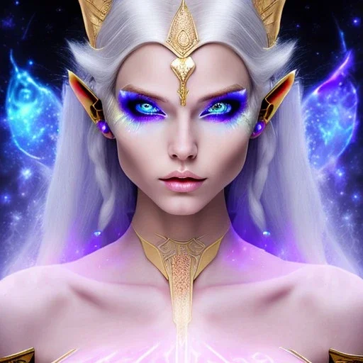 cosmic mage, elf, female, battle mage, epic, cosmic magic, long ears, white hair, face details, pale skin, jewellery, broad shoulders, glowing eyes, sharp ears, cosmic clothes, bright eyes, cosmic eyes, ears between hair, ears shown, light out of eyes