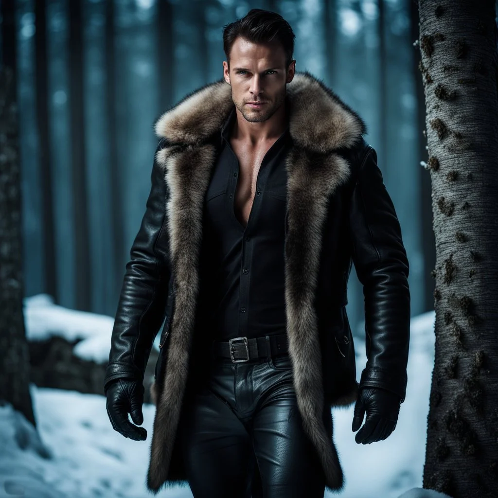 Handsome and muscular 30 year old mountain man wearing furry leather jacket, dark fantasy, snowy forest