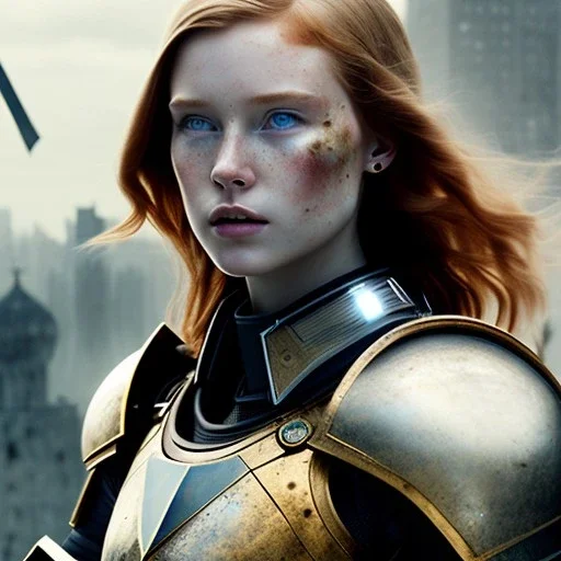 ultrarealistic, ruined city,__sci-fi armor__, __angles__, 18 year old woman, strikingly beautiful, ginger hair, _colour_, [__starlets__|__starlets__], (pale __skincolor__ skin:1.2), __camera__, _hair_, detailed face and eyes, medium breasts, leather choker, freckles, dynamic pose, resolved expression, __accessory__, strappy outfit, (straps:1.1), sword in scabard on left hip, (buckles, buttons, snaps, rings:1.0), haltertop style breastplate, detailed eyes, plump lips, sci-fi theme