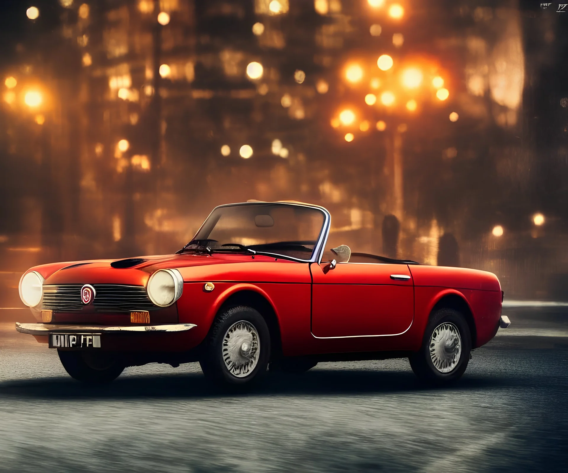 fiat 125p, city. high speed. bokeh. lens flare. warm lights. high detailed. oil on canvas