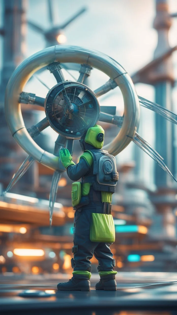 slimy exotic alien janitor operating futuristic wind turbine,bokeh like f/0.8, tilt-shift lens 8k, high detail, smooth render, down-light, unreal engine, prize winning