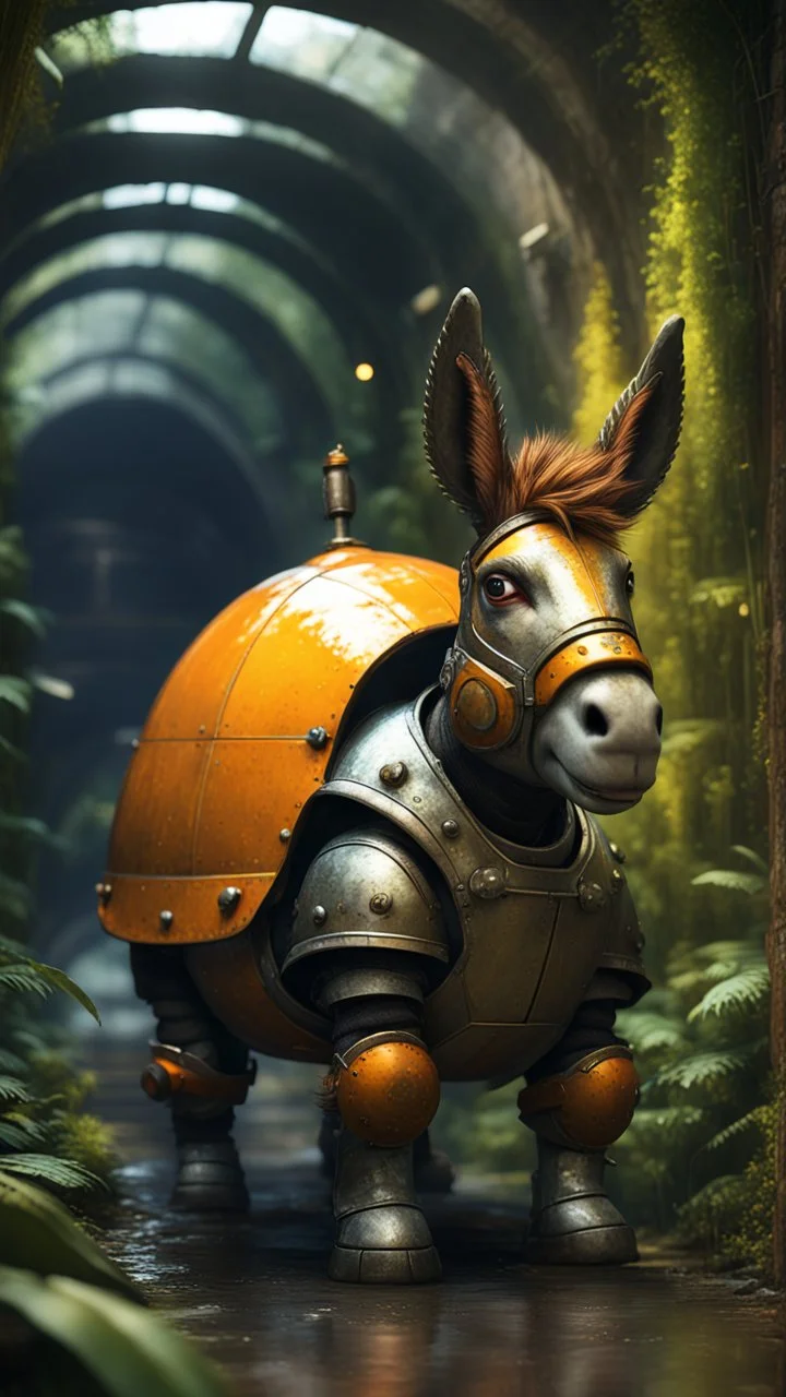 magazine cover, metallic yellow orange donkey turtle chivalry knight with friendly cute face and hair locks in dark lit reflective wet jungle metallic hall dome hotel tunnel, in the style of fallout 4 game,bokeh like f/0.8, tilt-shift lens 8k, high detail, smooth render, down-light, unreal engine, prize winning