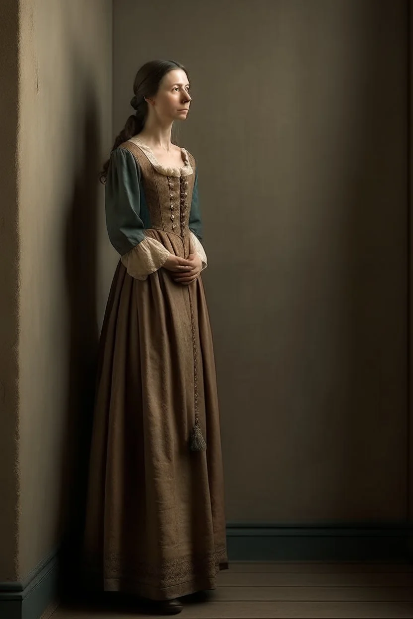 woman with 1700 dress leaning against the wall, realistic style, full figure frontal