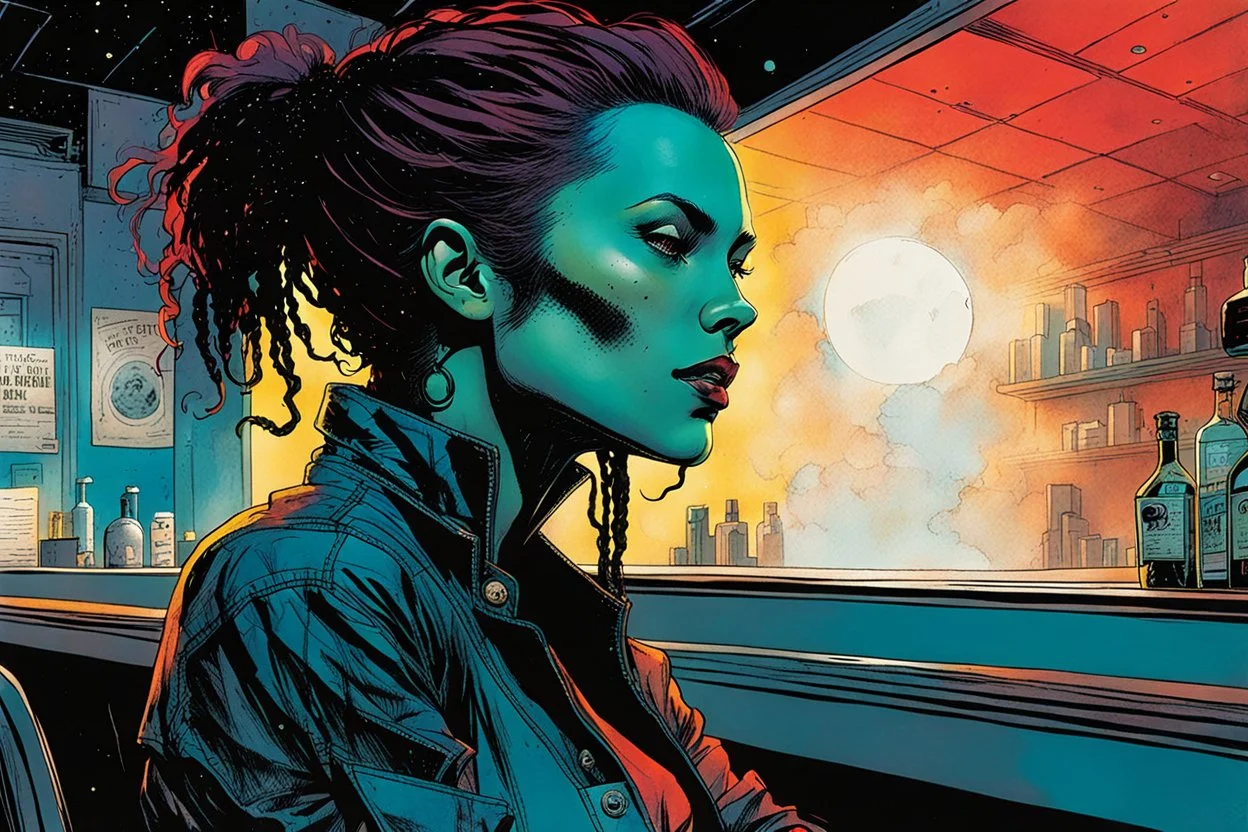 create an imaginative scene with a female interstellar cybernetic pirate with finely detailed facial features, short dreadlock hair, in a smokey Paris bar, the comic book art style of Bill Sienkiewicz, Mike Mignola, and Jean Giraud Moebius, finely textured, drawn, colored, and inked