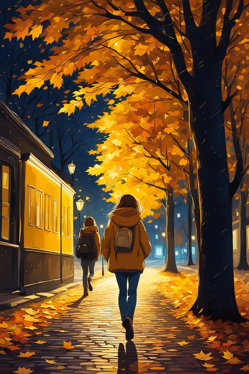 night yellow lights over the street trees autumn leaves under feet ,a Student adult girl with books in her hand walking in street turned back to talk to a boy walks after her few meters away her back