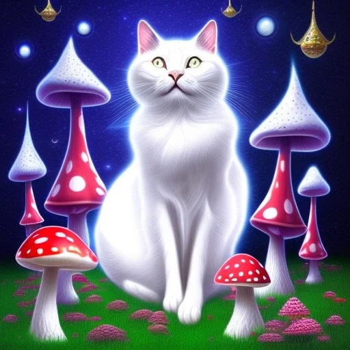 mystical white cat sits on a psychedelic mushroom