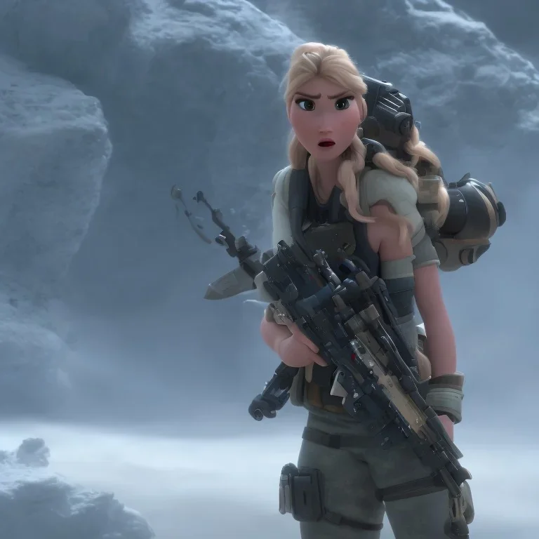 A girl with big boobs and beautiful and large military rifle in the galactic space