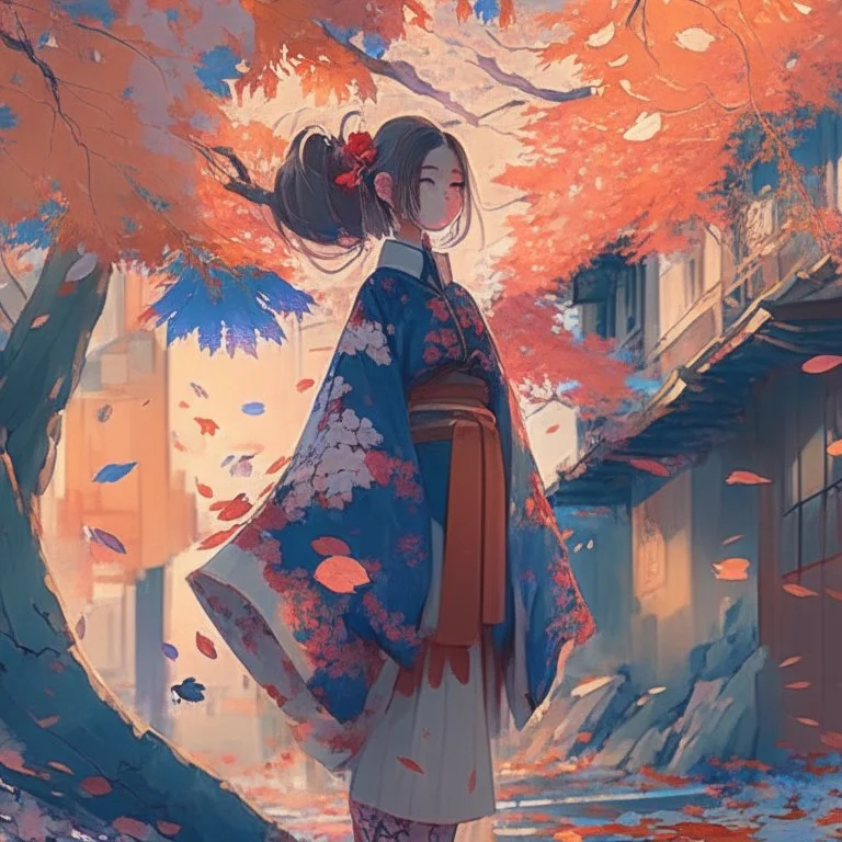 a girl wearing a kimono with ornaments and the leaves falling from the trees near a street filled with beautiful cherry trees futurism, digital art, anime, full details, high resolution, colorful, 4k, HD