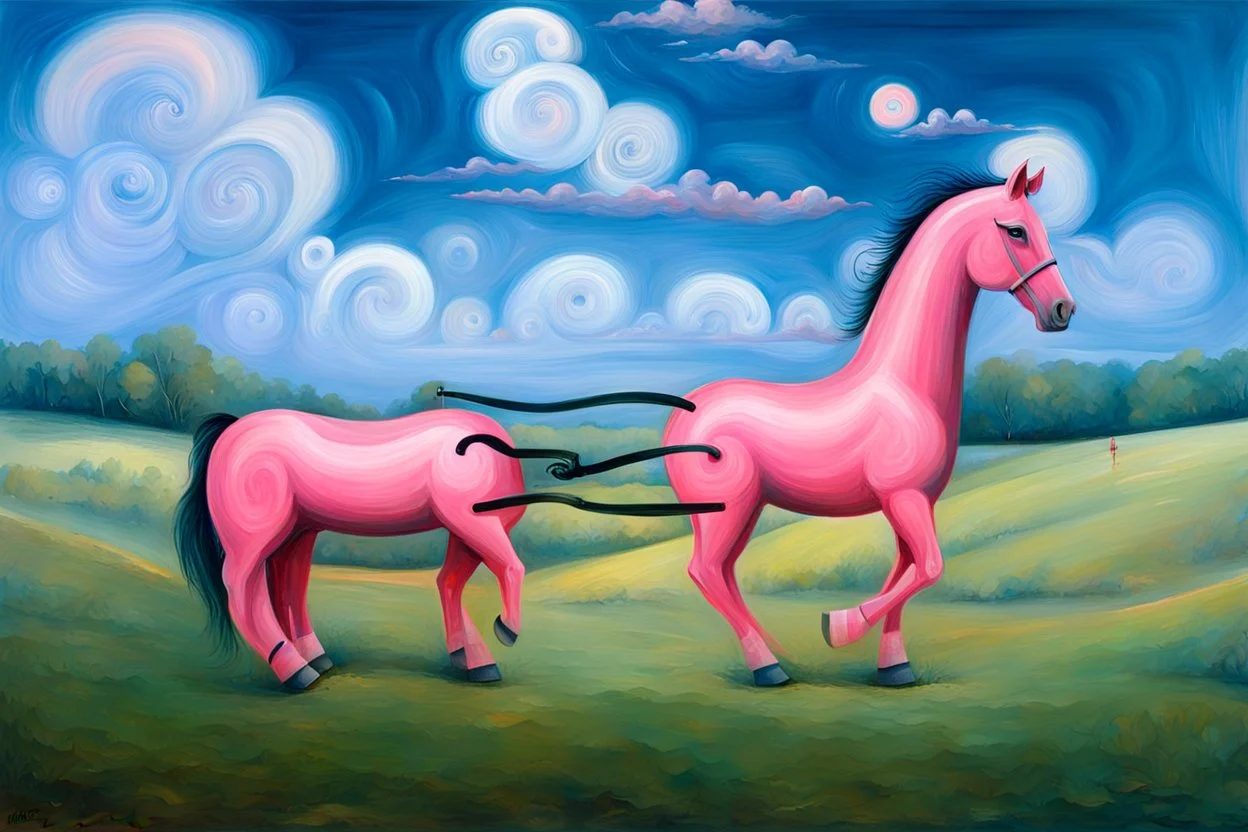 strange Big pink plastic horse.19th painting