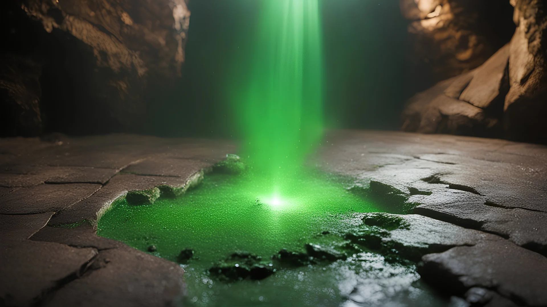 photoreal extreme close-up of a magnificent green light flooding from a broken burst wooden barrel on a dark stone cave floor, otherworldly, in the style of fantasy movies, photorealistic, shot on Hasselblad h6d-400c, zeiss prime lens, bokeh like f/0.8, tilt-shift lens 8k, high detail, smooth render, unreal engine 5, cinema 4d, HDR, dust effect, vivid colors