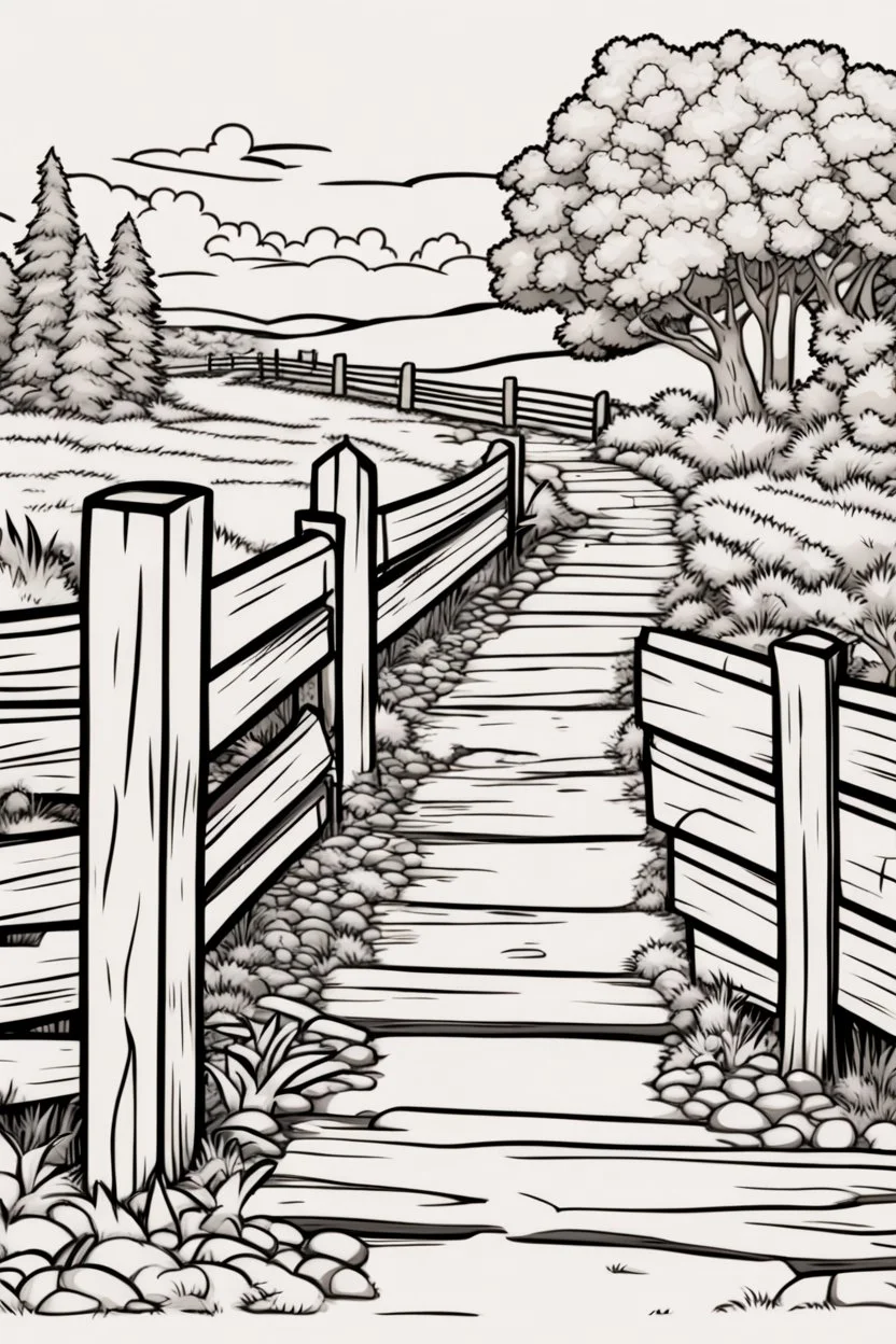 coloring page, rail fence, cartoon style, thick lines, low detail, no shading