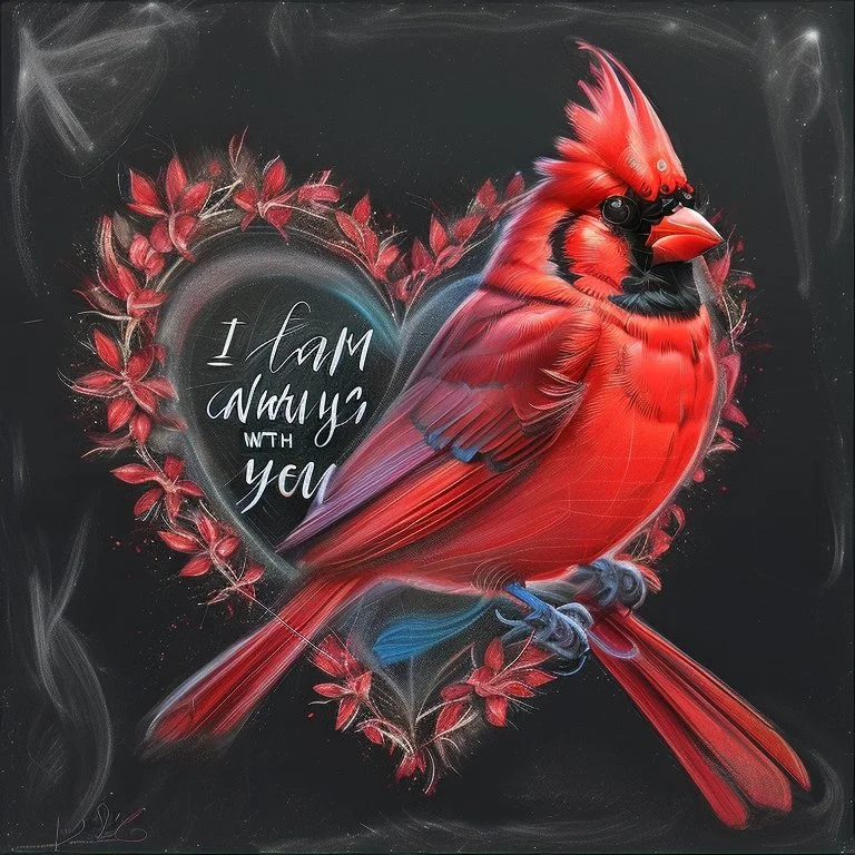 Bing: a vibrant digital chalk sketch painting featuring a double exposure image of a beautiful majestic red cardinal, ultra-detailed, within the body of the cardinal is a heart with the words "I AM ALWAYS WITH YOU" in a beautiful script