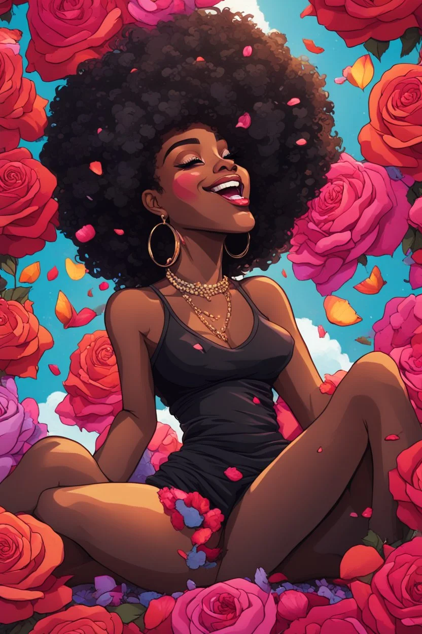 A sassy pop punk art cartoon of a black female lounging lazily on her side, surrounded by colorful roses flower petals. Looking up coyly, she grins widely, showing teeth. Highly detailed black afro , regal expression.