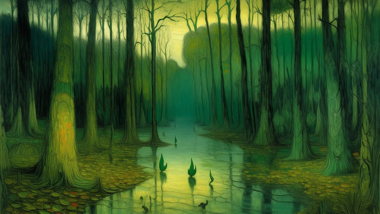 A bluish green spooky poisonous swamp in a jungle painted by Georges Seurat