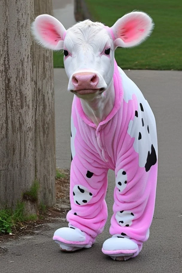 A cute cow dressed in a onezy pajama outfit. The onezy has pink polka dots on and is thick and cozy. She has a flower in her hair