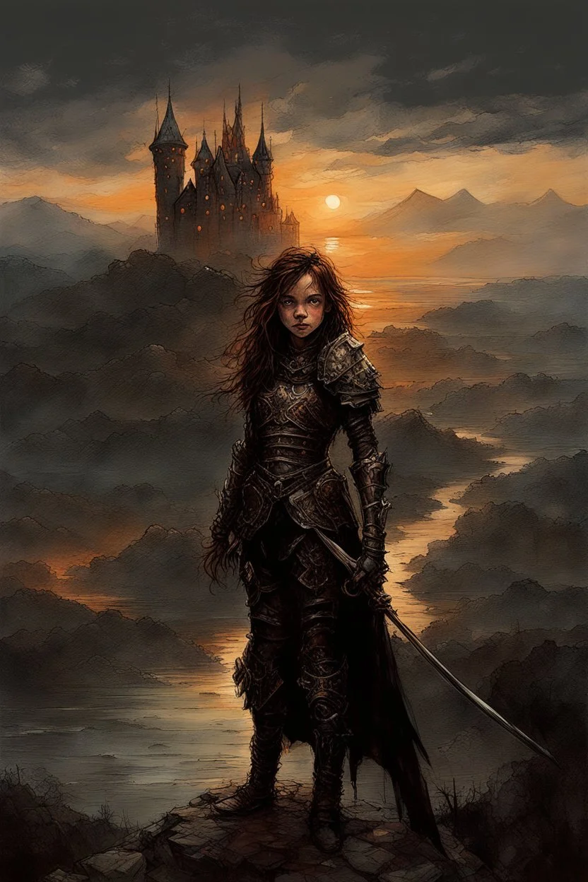 A formidable warrior girl in black armor, on the background Amazing gloomy landscape, flooded with sunset, mountains, trees, fabulous scary hero, , juicy emotions, painting, dark fantasy, gloomy day, dark world, portrait, Gothic Town At Night, Fantasy, Intricate Details, Castle Courtyard Gardens, Hyper Detailed, Jean Baptiste Monge, Carne Griffiths, Michael Garmash, Seb Mckinnon, Masterpiece