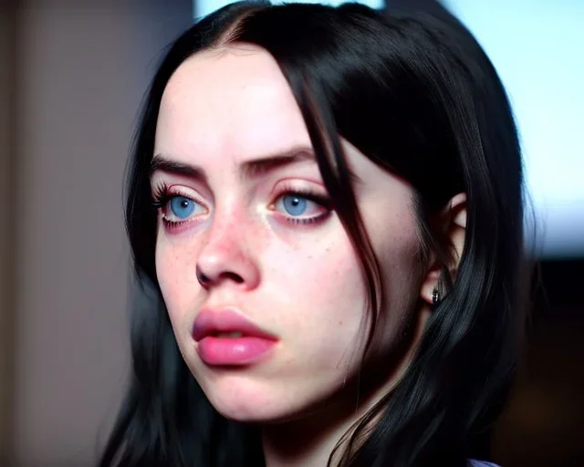 Billie Eilish, on the bed, in my underwear, pale skin, high detail, realistic, 16k, not to be distinguished from a photo, identical pupils