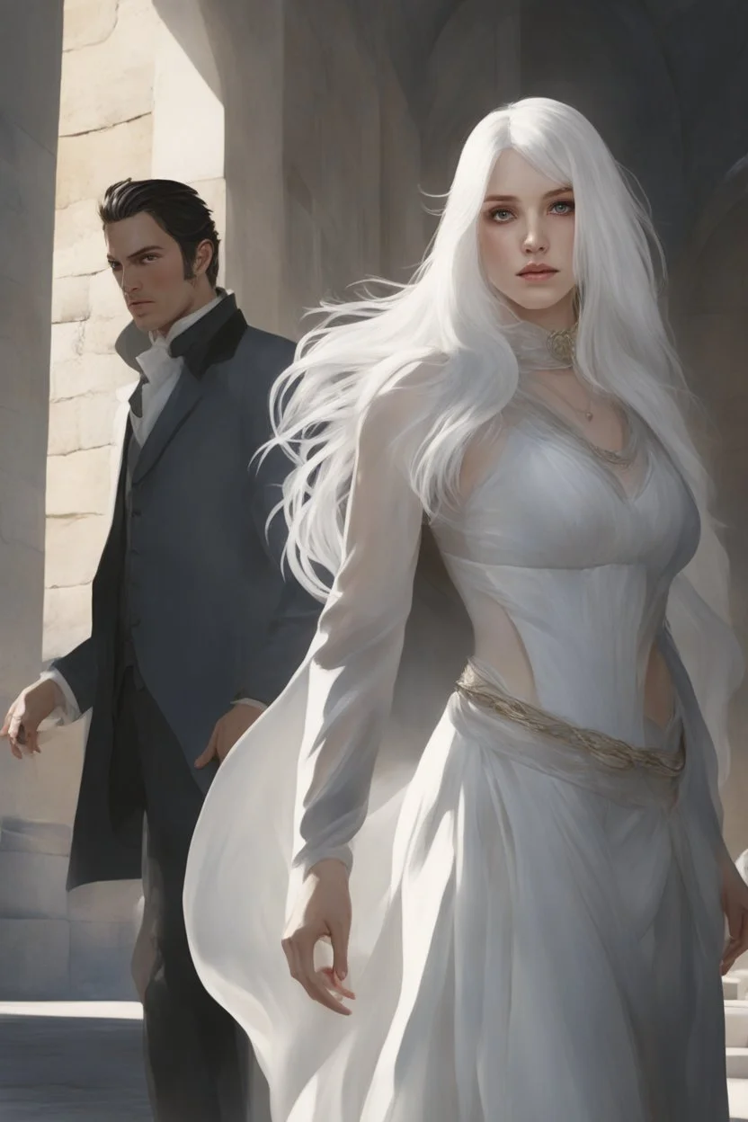 Woman with white hair wearing a white dress, walking down a sunlit stone hall, AND a handsome man in the background lurking in the shadows with long black hair