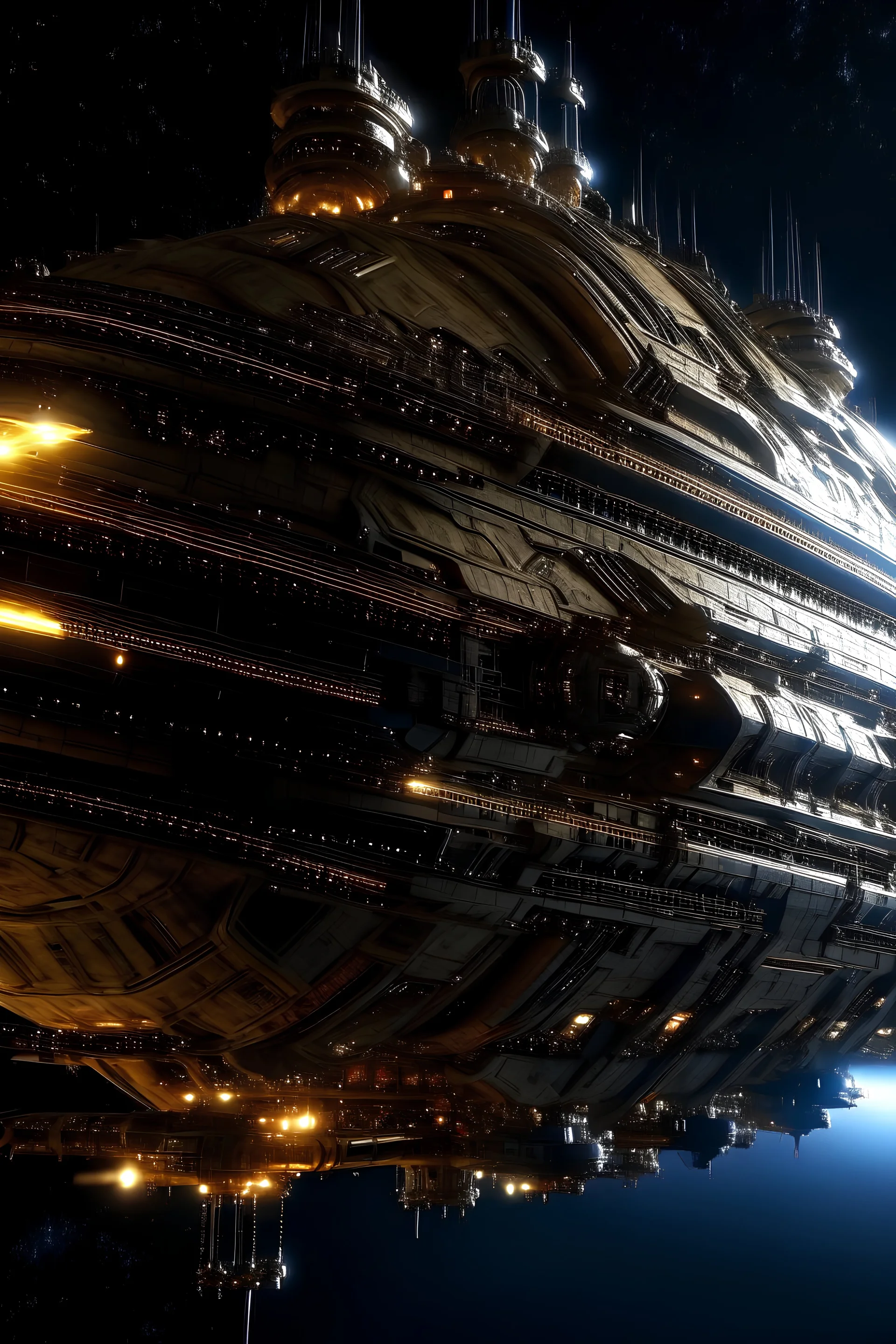 Planet Princess, Huge dilapidated military space warship, futuristic, long, symmetrical, in orbit, hyper realistic, detailed, tough, menacing, cinematic lighting