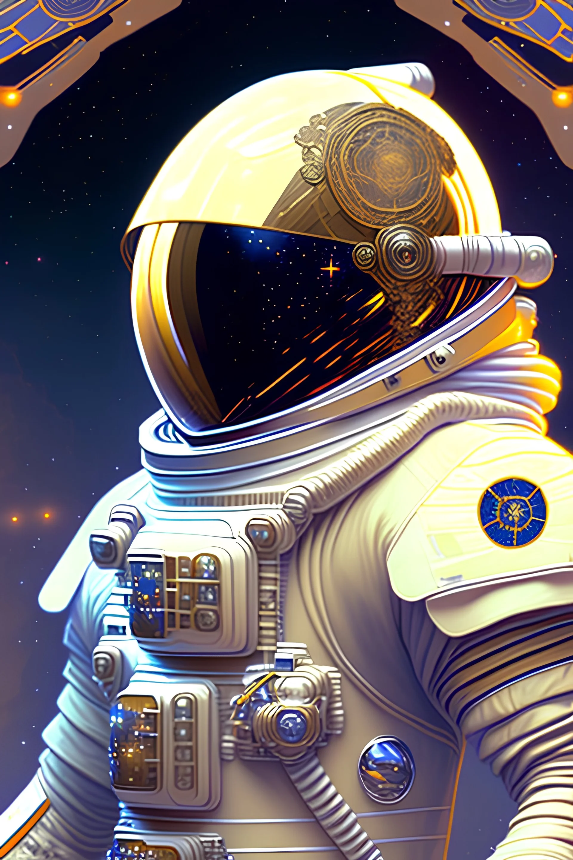 astronaut wearing a bitcoin symbol on helmet, futuristic, highly detailed, ultra realistic, concept art, intricate textures, interstellar background, space travel, art by alphonse mucha, ryan kittleson, greg rutkowski, leesha hannigan, stephan martiniere, stanley artgerm lau.