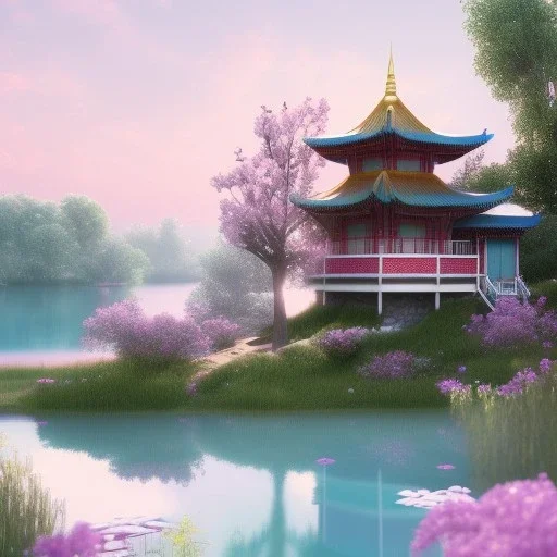 jolie petite maison asiatique lacustre, lac turquoise, ciel rose et bleu, lumière, fleurs délicates, ambiance très réelle, 8k, Cinematic lighting. Photorealistic