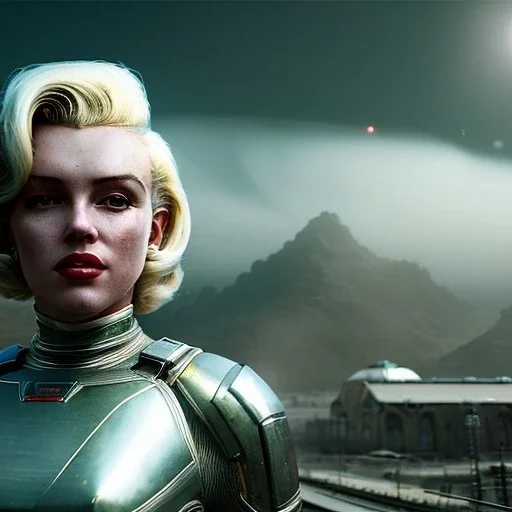 Ultra Realistic retro sci-fi scene, portrait, 2 blonde woman clones, sweet young Marilyn Monroe face, perfect iris, tight latex coat, helmet, Strange planet background. Spaceship, fog, rain, soft color, highly detailed, unreal engine 5, ray tracing, RTX, lumen lighting, ultra detail, volumetric lighting, 3d, finely drawn, high definition, high resolution.