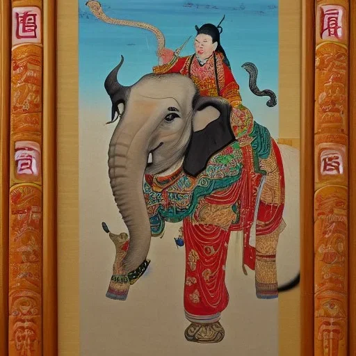 chinese god with cow head riding a detailed indian elephant painting