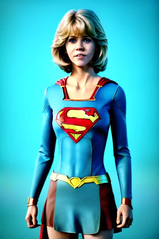 portrait, teenager, Jane Fonda, make-up, happy, satisfacer dildo advertising, Realistic image, 60s, supergirl, tights minimal dress, sweat, Color background, photo studio, concept art, smooth, unreal engine 5, god lights, ray tracing, RTX, lumen lighting, ultra detail, volumetric lighting, 3d, finely drawn, high definition, 4k.